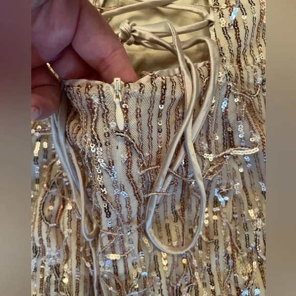 LULUS Endless Festivities Rose Gold Sequin Fringe Lace-Up Maxi Dress Formal Gown - Picture 11 of 13